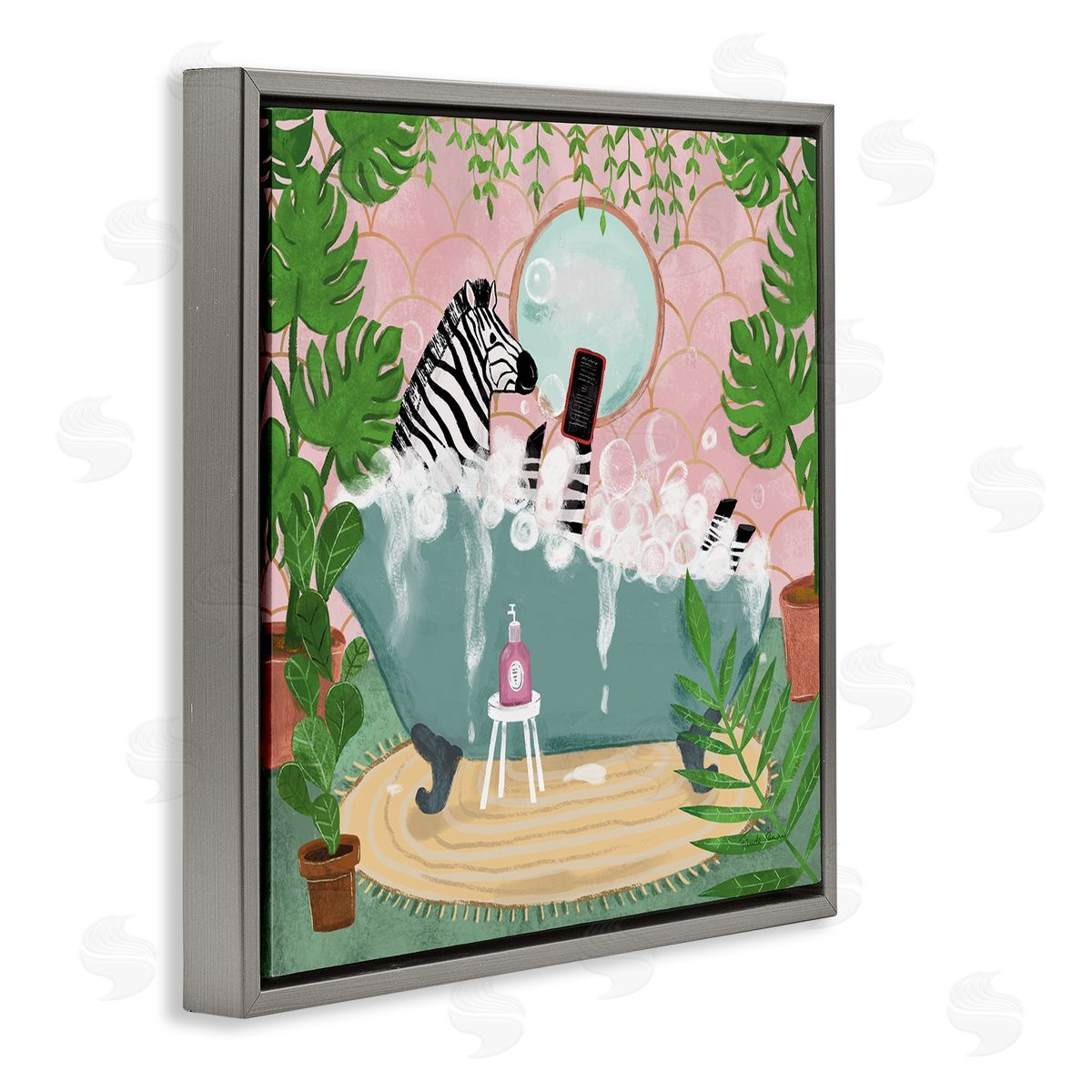 Zebra Fun Bath Time Grey Floating Frame Canvas Wall Art, Home Decor by Farida Zaman