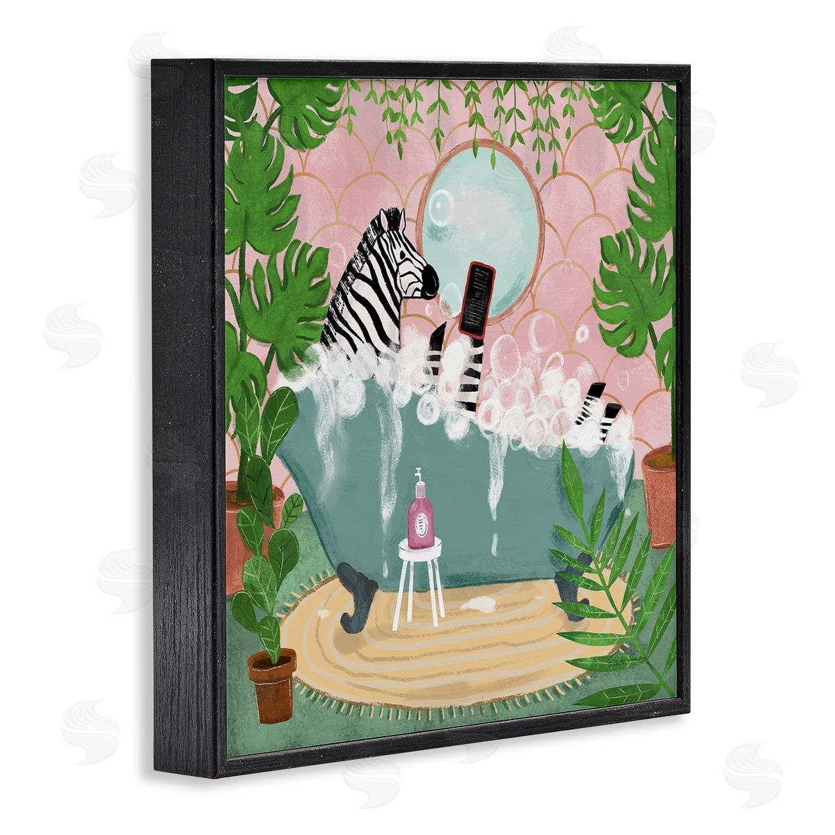 Zebra Fun Bath Time Black Frame Print Wall Art, Home Decor by Farida Zaman