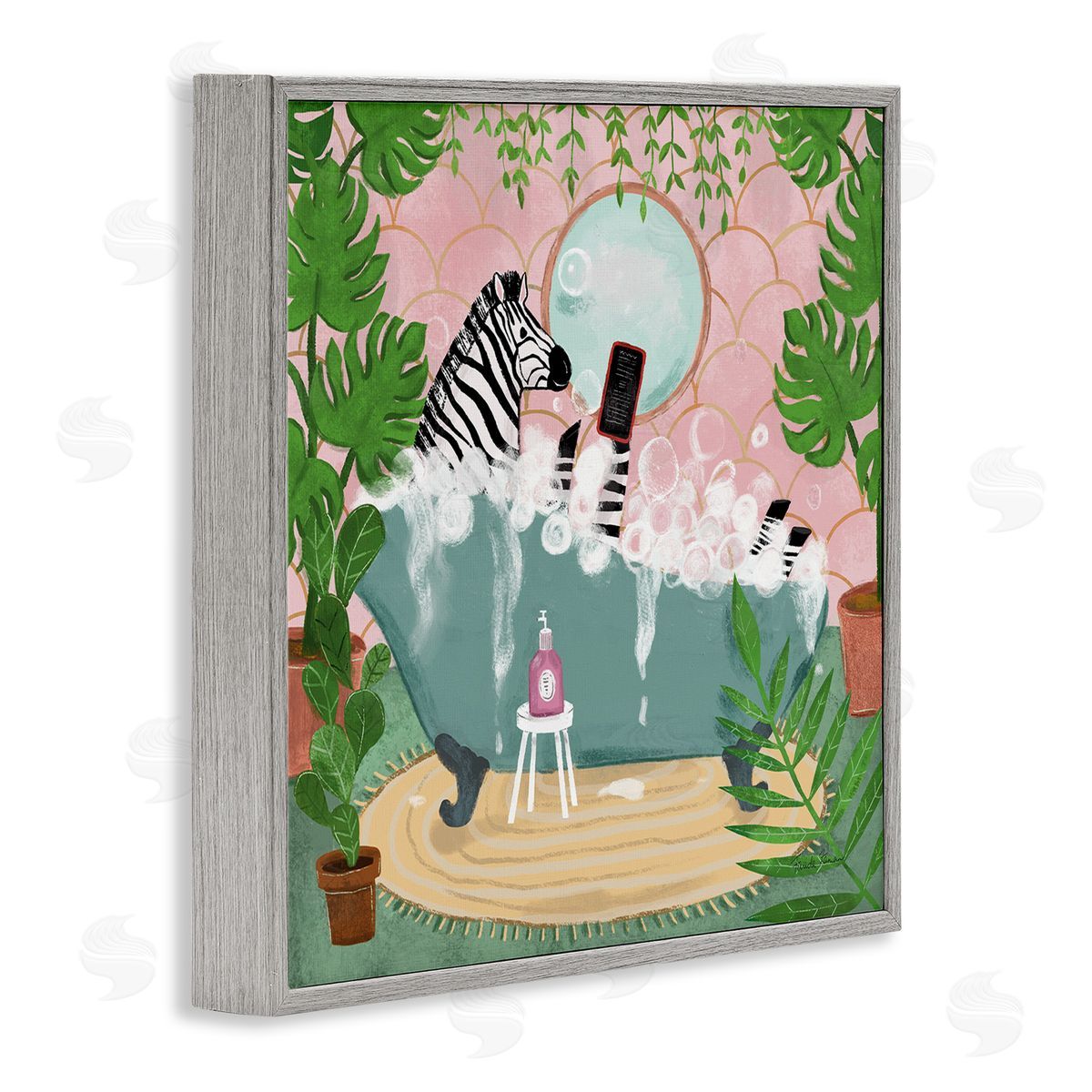 Zebra Fun Bath Time Grey Frame Print Wall Art, Home Decor by Farida Zaman