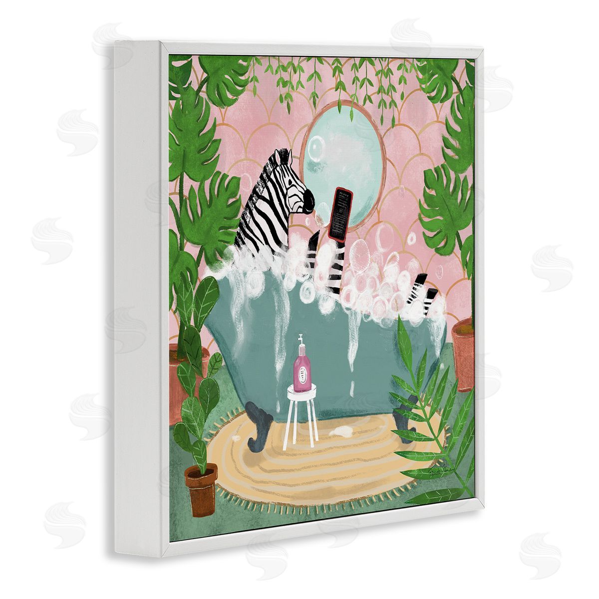 Zebra Fun Bath Time White Frame Print Wall Art, Home Decor by Farida Zaman