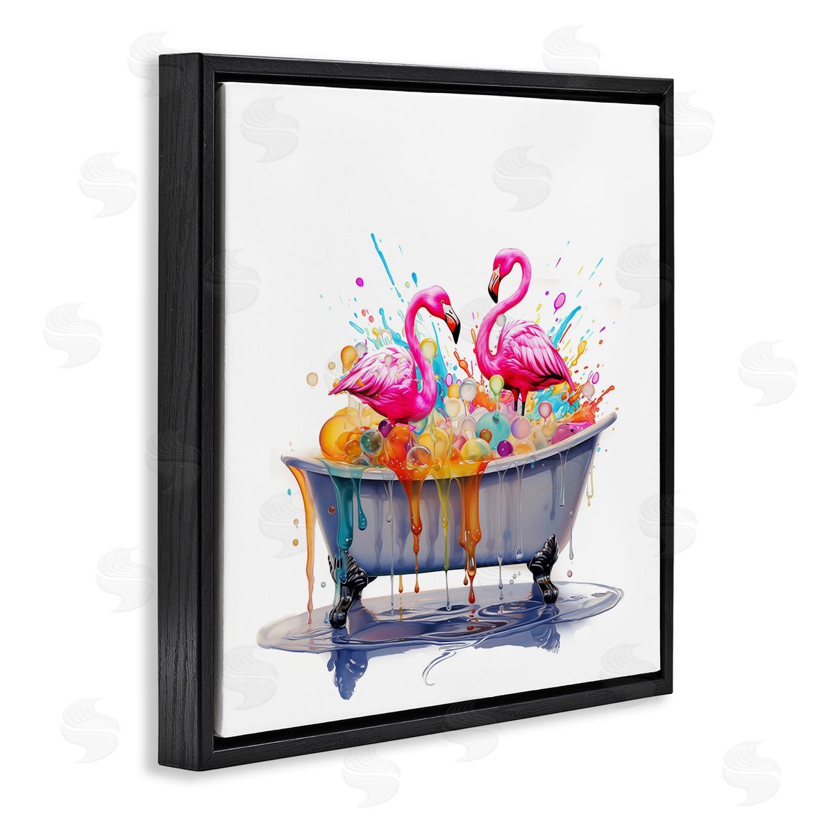 Flamingo Bubble Bath Black Floating Frame Canvas Wall Art, Home Decor by Mary Cunningham