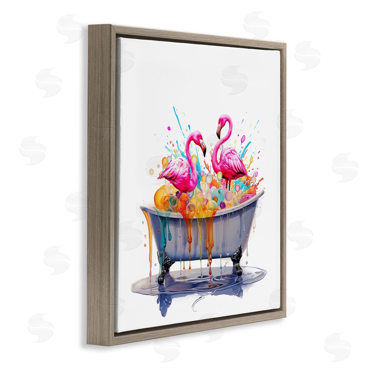 Flamingo Bubble Bath Brown Floating Frame Canvas Wall Art, Home Decor by Mary Cunningham