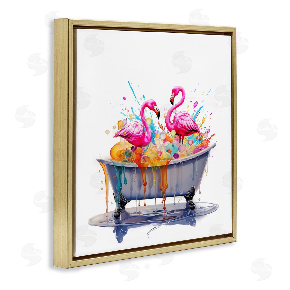 Flamingo Bubble Bath Gold Floating Frame Canvas Wall Art, Home Decor by Mary Cunningham