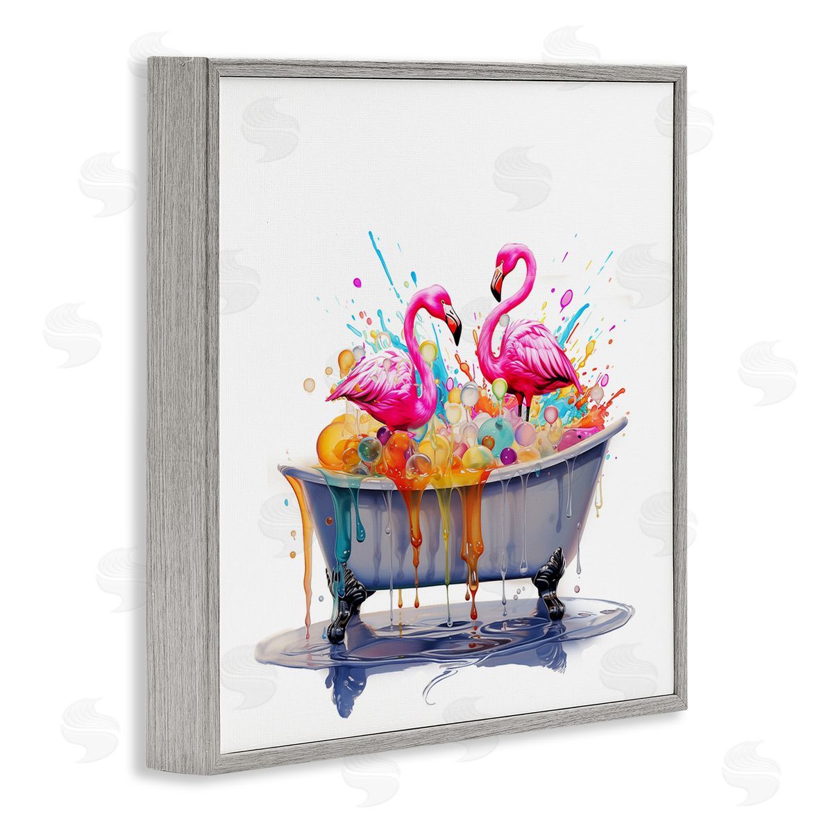 Flamingo Bubble Bath Grey Frame Print Wall Art, Home Decor by Mary Cunningham