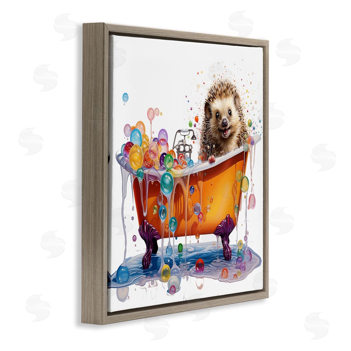 MB Cunningham Happy Hedgehog Bubble Bath Brown Floating Frame Canvas Wall Art Print