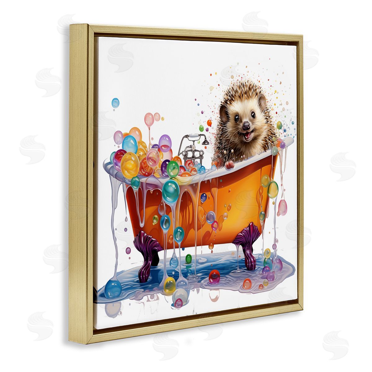 MB Cunningham Happy Hedgehog Bubble Bath Gold Floating Frame Canvas Wall Art Print