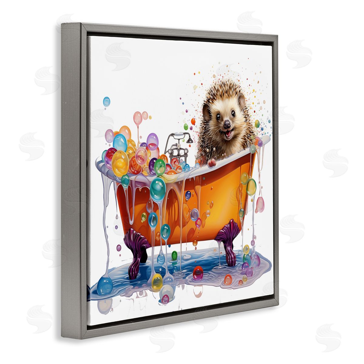 MB Cunningham Happy Hedgehog Bubble Bath Gray Floating Frame Canvas Wall Art Print