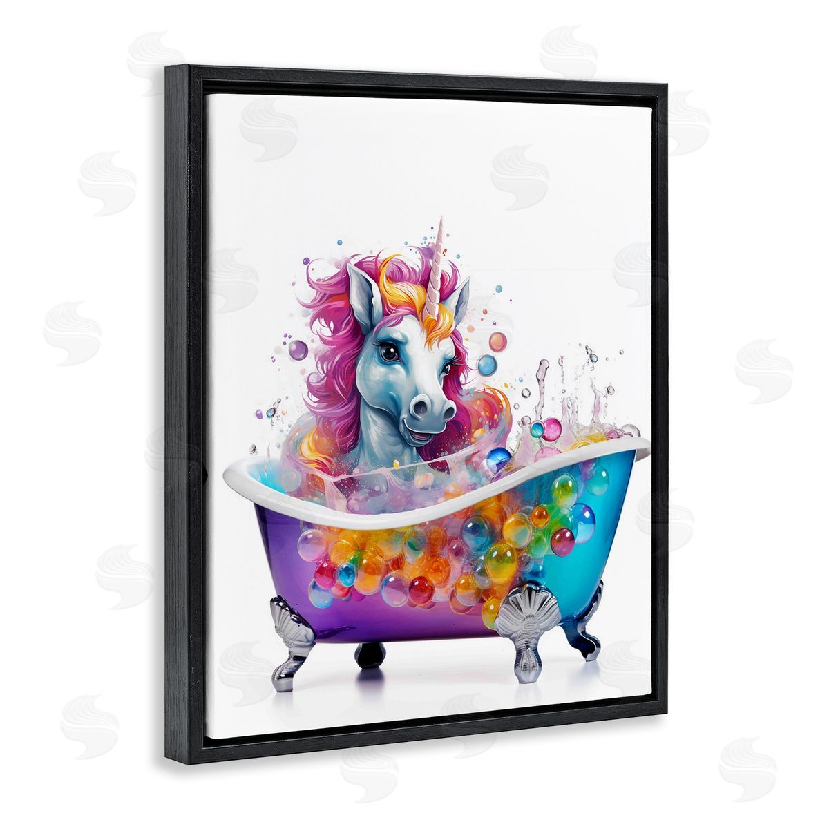 Rainbow Bubbles Unicorn Black Floating Frame Canvas Wall Art, Home Decor by Mary Cunningham