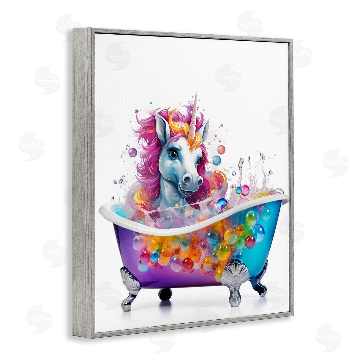 Rainbow Bubbles Unicorn Grey Frame Print Wall Art, Home Decor by Mary Cunningham