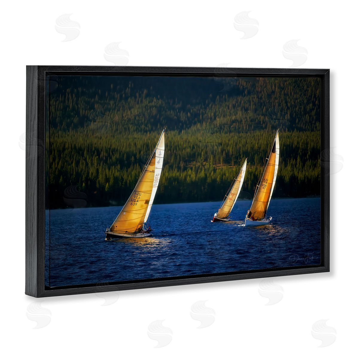 Floating Sailboat Trio Black Floating Frame Canvas Wall Art, Home Decor by Dennis Frates