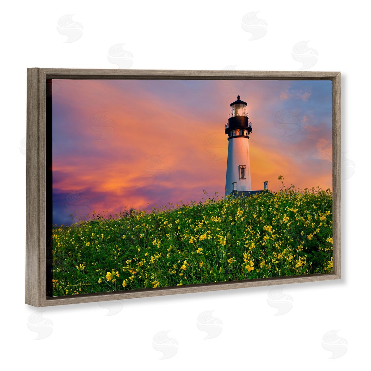 Lighthouse and Floral Meadow Brown Floating Frame Canvas Wall Art, Home Decor by Dennis Frates