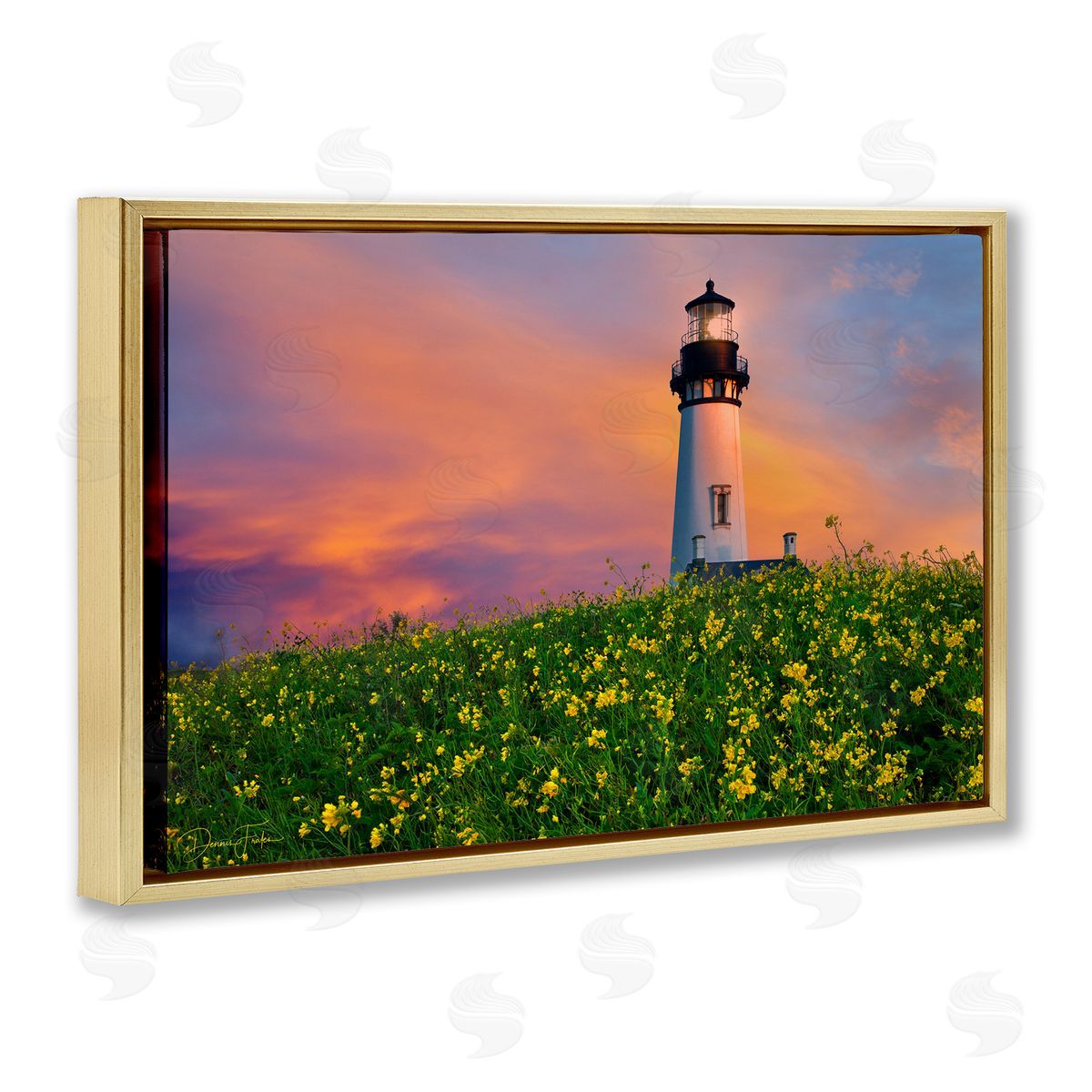 Lighthouse and Floral Meadow Gold Floating Frame Canvas Wall Art, Home Decor by Dennis Frates