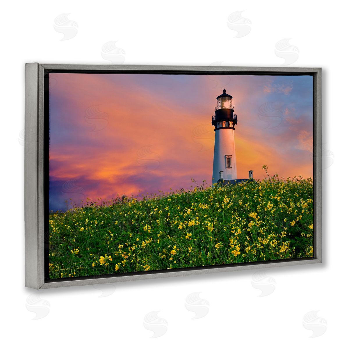 Lighthouse and Floral Meadow Grey Floating Frame Canvas Wall Art, Home Decor by Dennis Frates