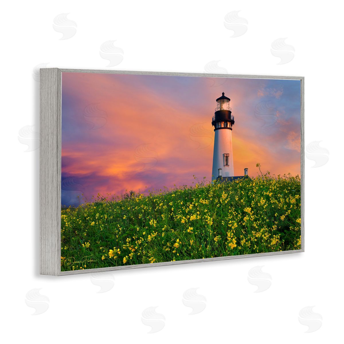 Lighthouse and Floral Meadow Grey Frame Print Wall Art, Home Decor by Dennis Frates