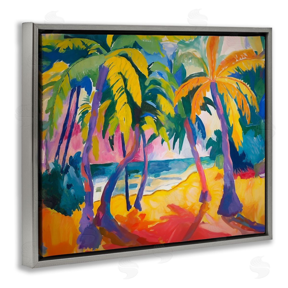 Tropical Palm Paradise Grey Floating Frame Canvas Wall Art, Home Decor by Ramona Murdock