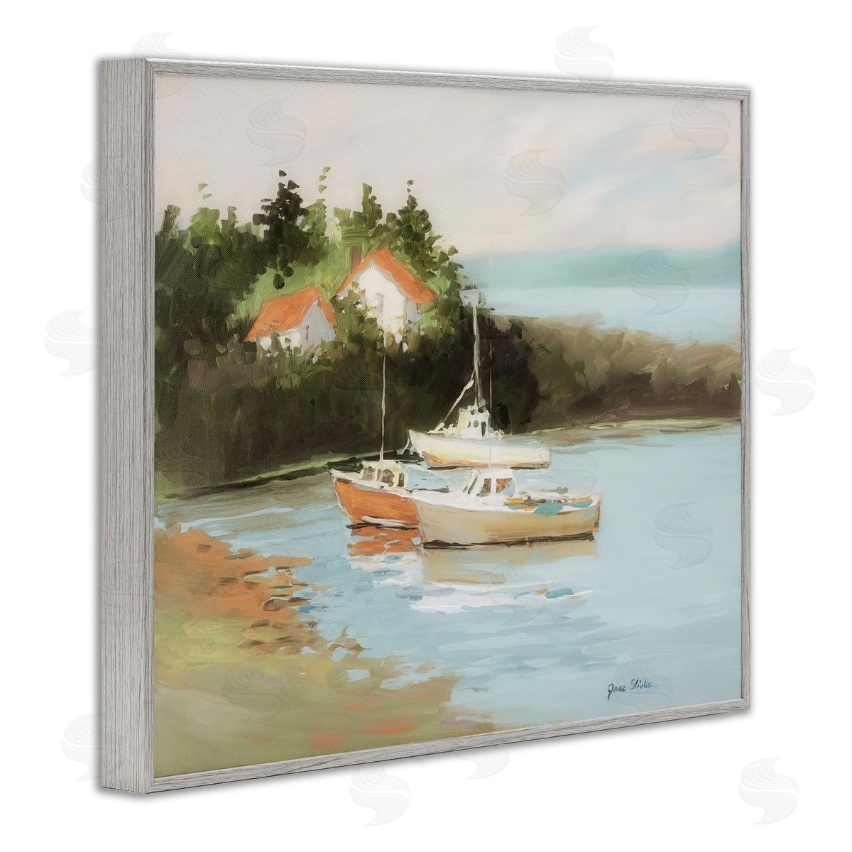 Calm Boat Harbor Grey Frame Print Wall Art, Home Decor by Jane Slivka