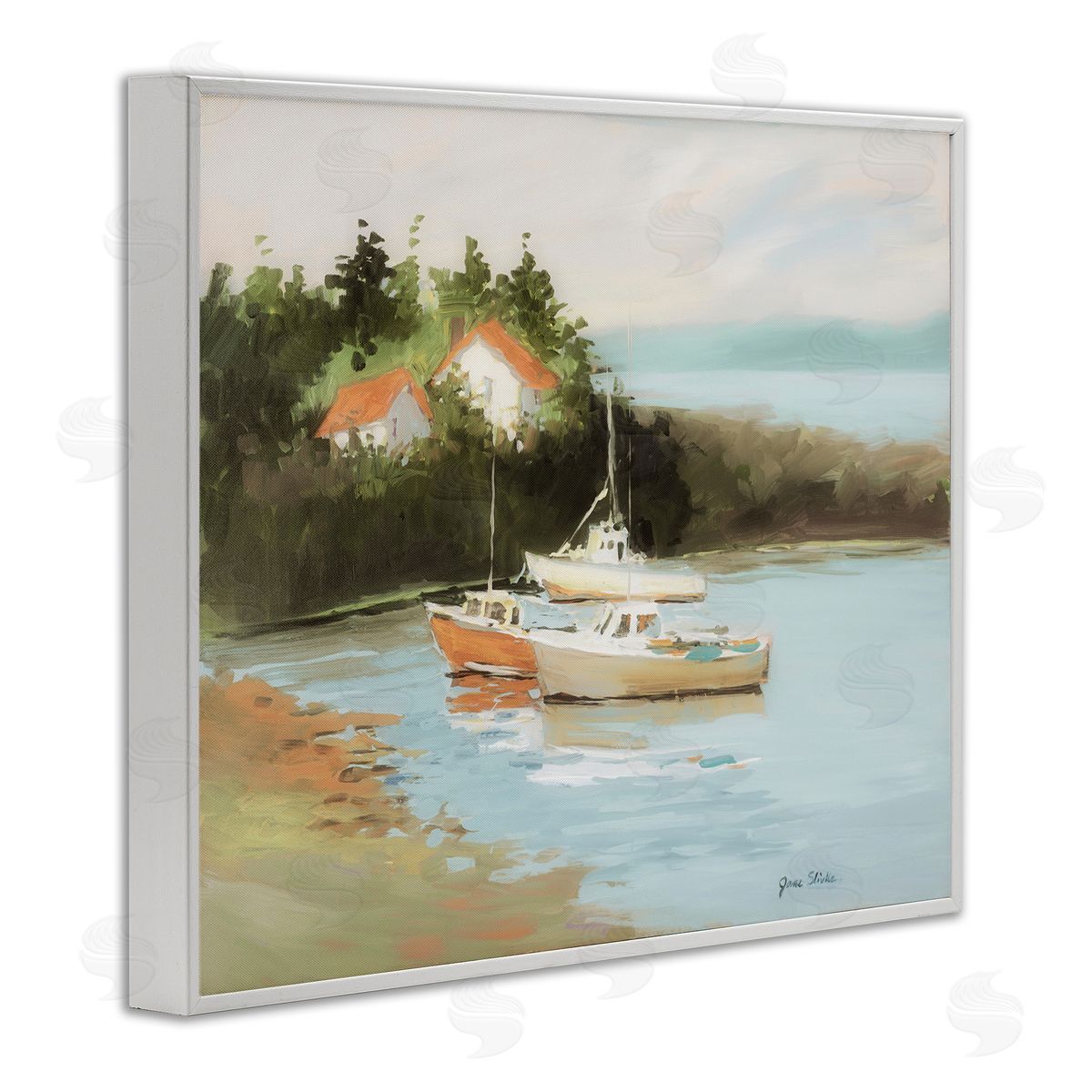 Calm Boat Harbor White Frame Print Wall Art, Home Decor by Jane Slivka