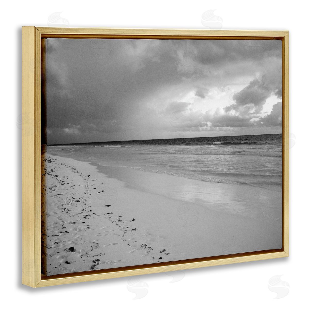 Beach Shore with Footprints Gold Floating Frame Canvas Wall Art, Home Decor by Jairo Rodriguez