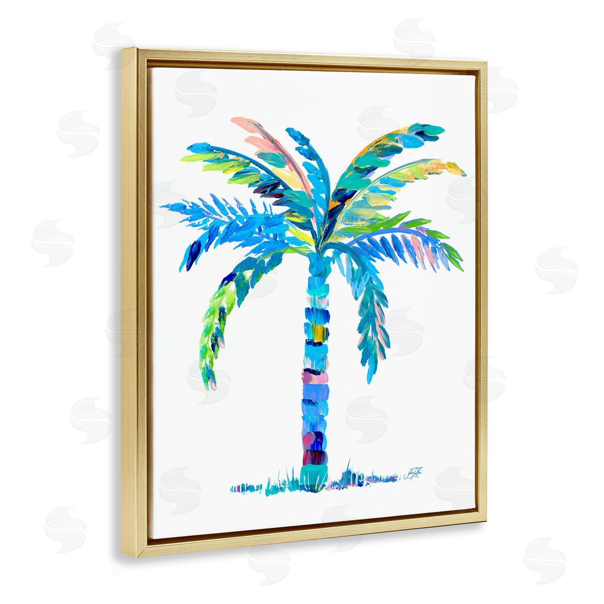 Bold Blue Palm Tree Gold Floating Frame Canvas Wall Art, Home Decor by Julie DeRice
