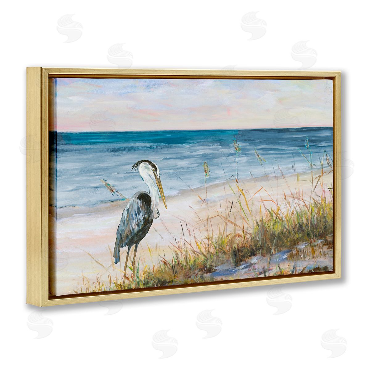 Calm Pelican on Beach Gold Floating Frame Canvas Wall Art, Home Decor by Julie DeRice