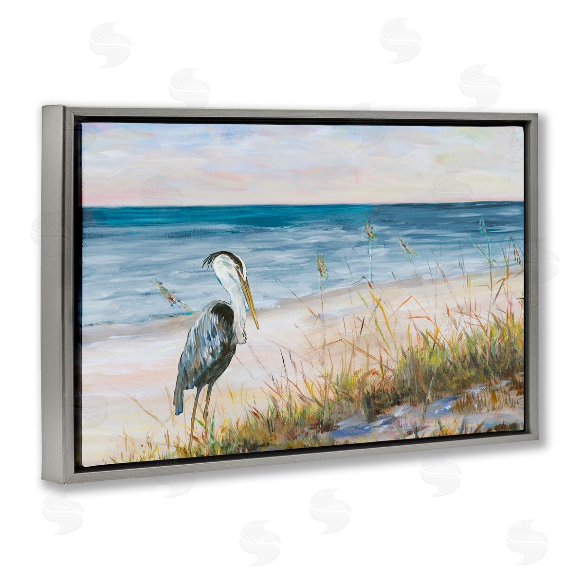 Calm Pelican on Beach Grey Floating Frame Canvas Wall Art, Home Decor by Julie DeRice