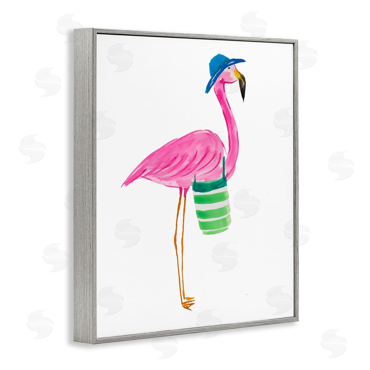 Flamingo with Beach Bag Grey Frame Print Wall Art, Home Decor by Julie DeRice