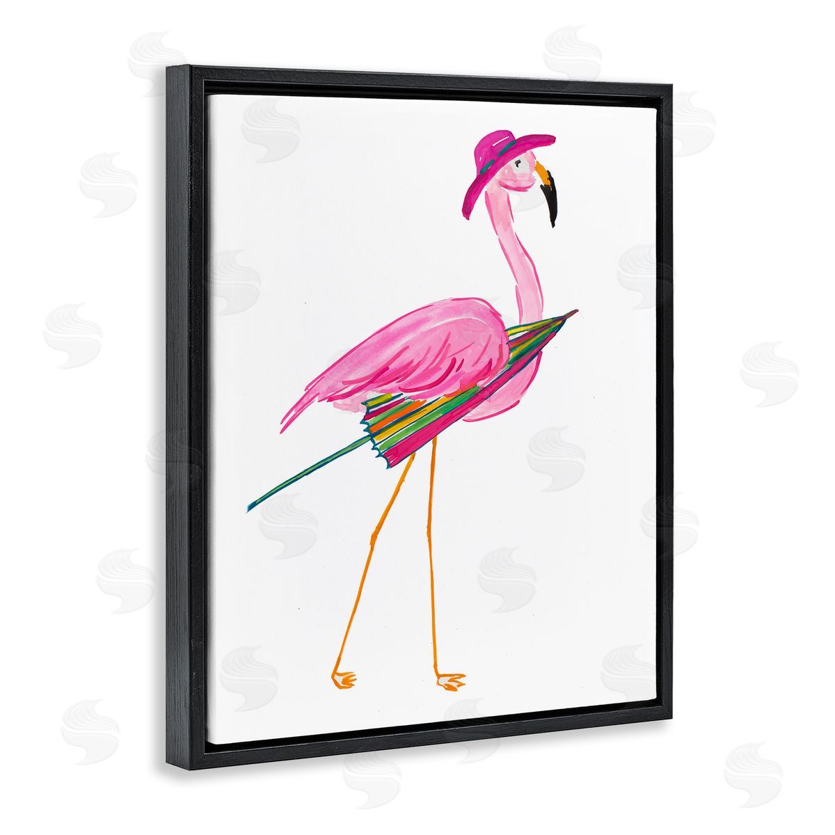 Flamingo with Beach Umbrella Black Floating Frame Canvas Wall Art, Home Decor by Julie DeRice