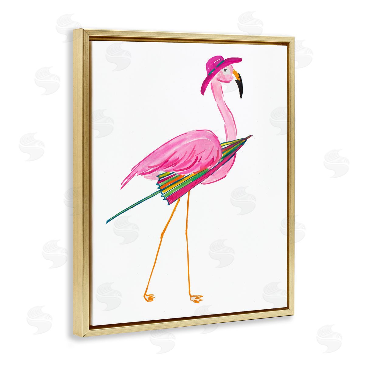 Flamingo with Beach Umbrella Gold Floating Frame Canvas Wall Art, Home Decor by Julie DeRice