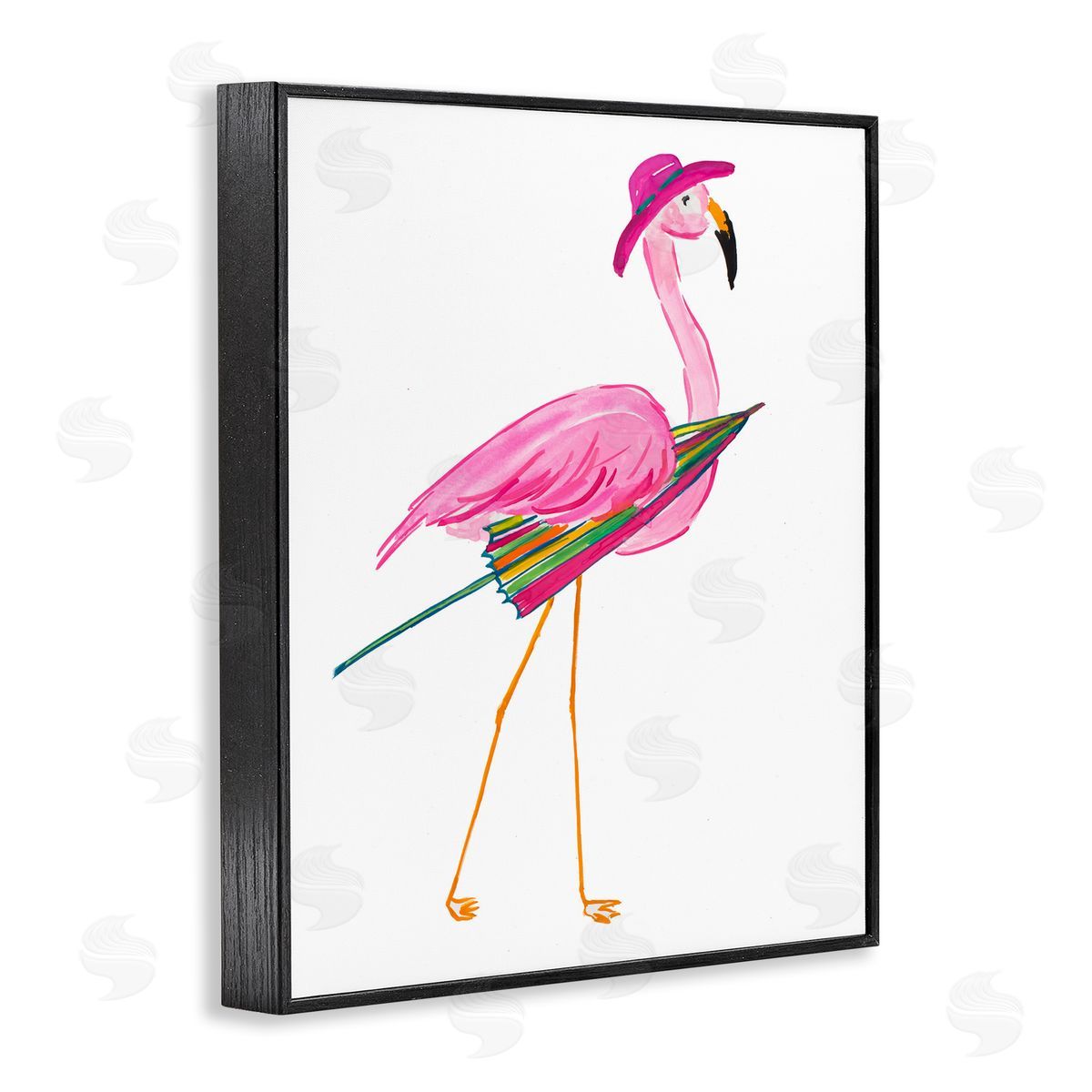 Flamingo with Beach Umbrella Black Frame Print Wall Art, Home Decor by Julie DeRice