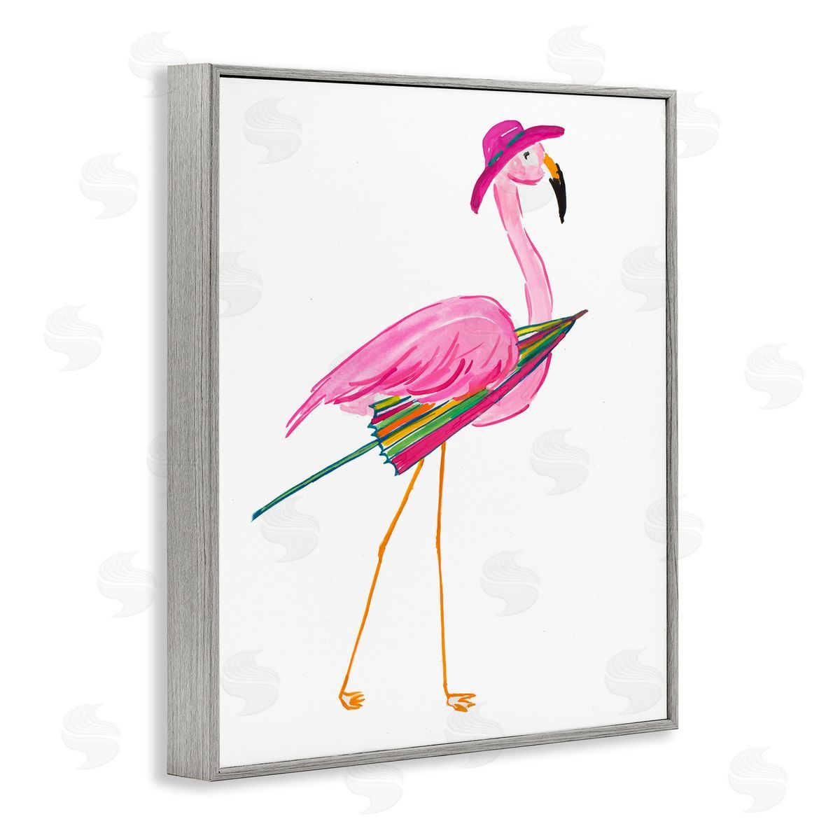 Flamingo with Beach Umbrella Grey Frame Print Wall Art, Home Decor by Julie DeRice