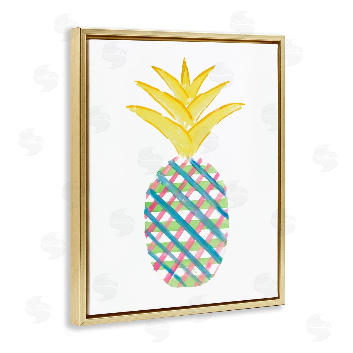 Plaid Patterned Pineapple Gold Floating Frame Canvas Wall Art, Home Decor by Julie DeRice
