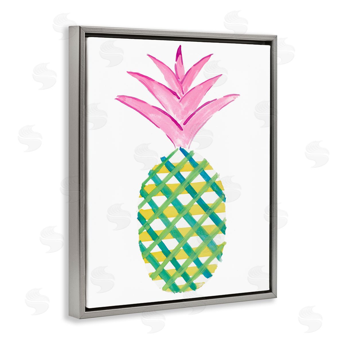 Tropical Plaid Pineapple Grey Floating Frame Canvas Wall Art, Home Decor by Julie DeRice