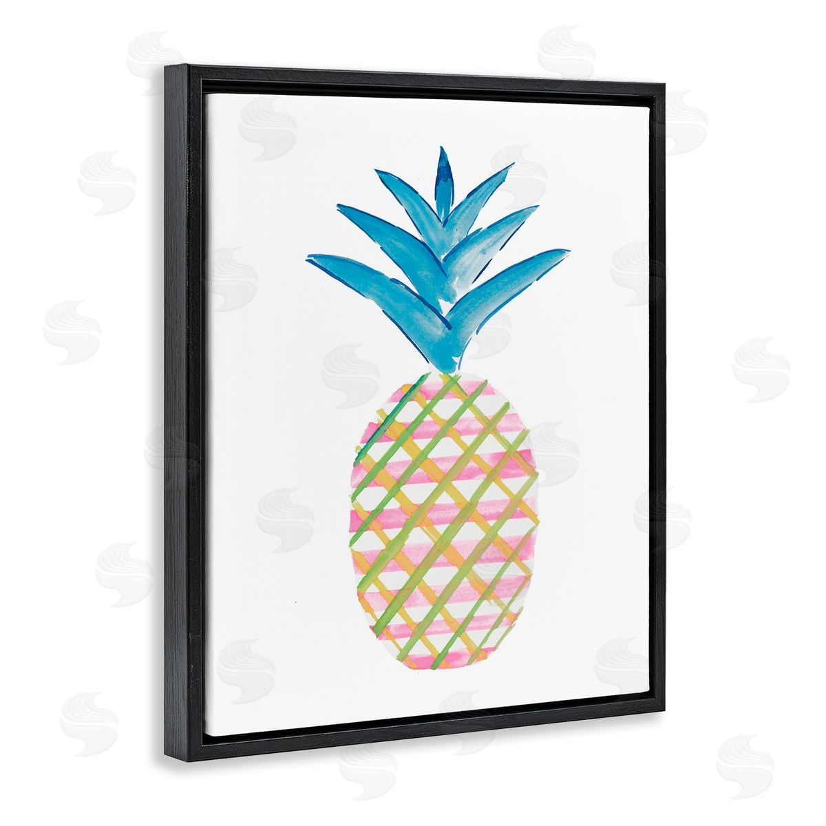 Tropical Tartan Pineapple Black Floating Frame Canvas Wall Art, Home Decor by Julie DeRice