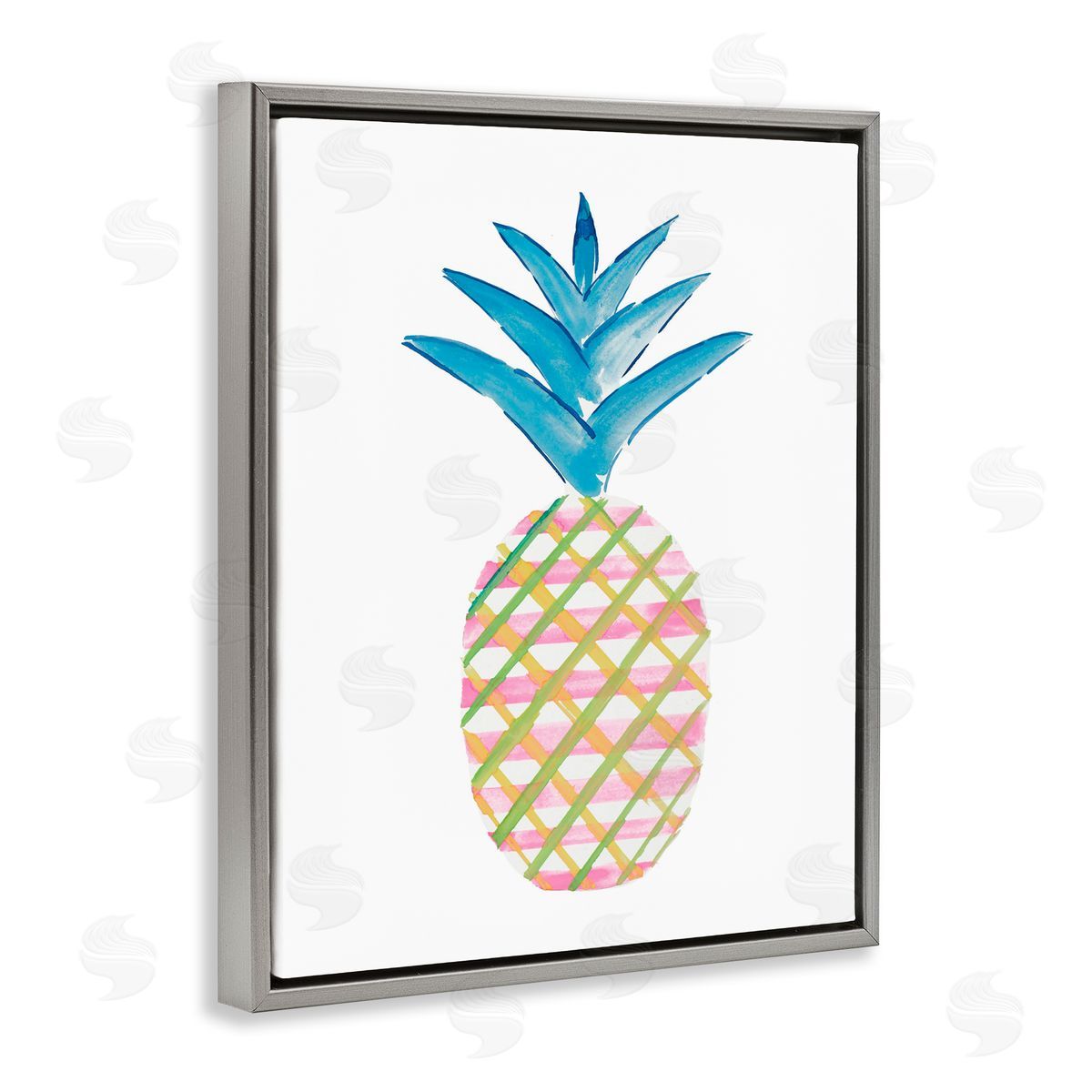 Tropical Tartan Pineapple Grey Floating Frame Canvas Wall Art, Home Decor by Julie DeRice