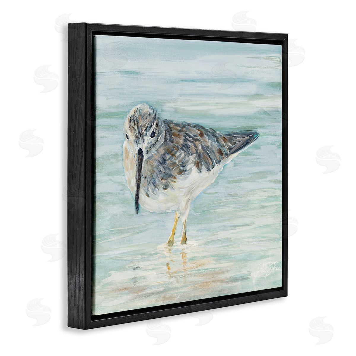 Sandpiper on Shallow Shore Black Floating Frame Canvas Wall Art, Home Decor by Julie DeRice