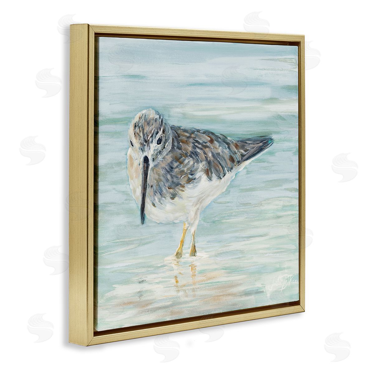 Sandpiper on Shallow Shore Gold Floating Frame Canvas Wall Art, Home Decor by Julie DeRice