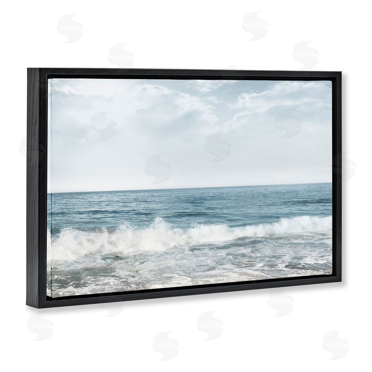 Splashing Waves Beach Black Floating Frame Canvas Wall Art, Home Decor by Mike Calascibetta