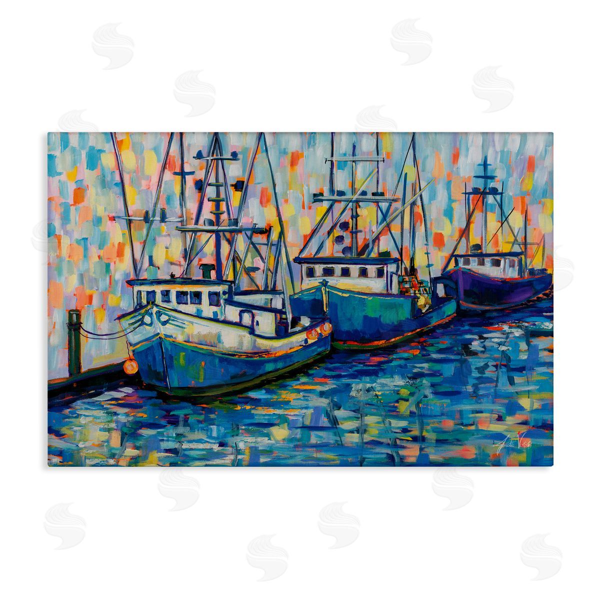 Vivid Boats in Harbor Canvas Wall Art, Home Decor by Jeanette Vertentes