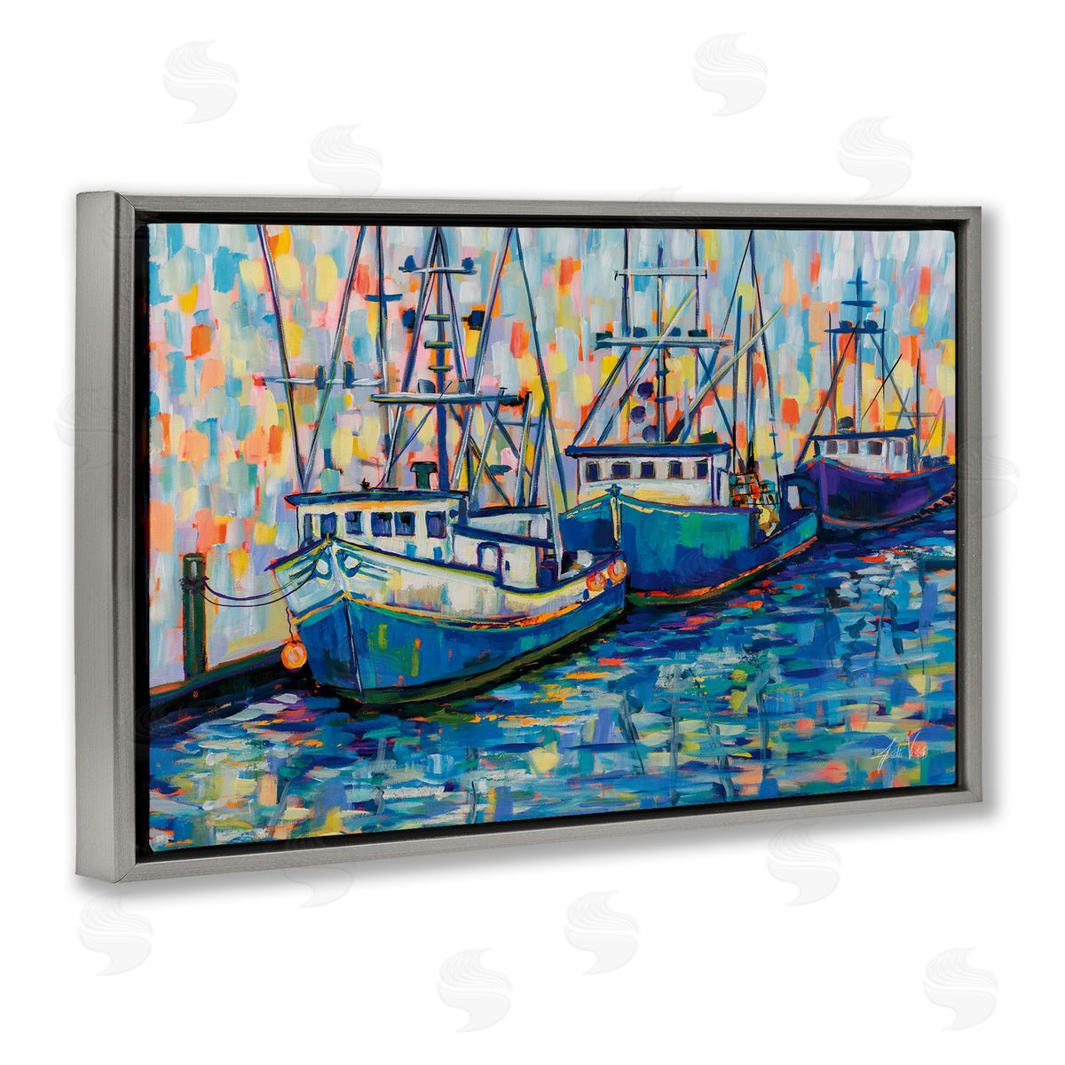 Vivid Boats in Harbor Grey Floating Frame Canvas Wall Art, Home Decor by Jeanette Vertentes