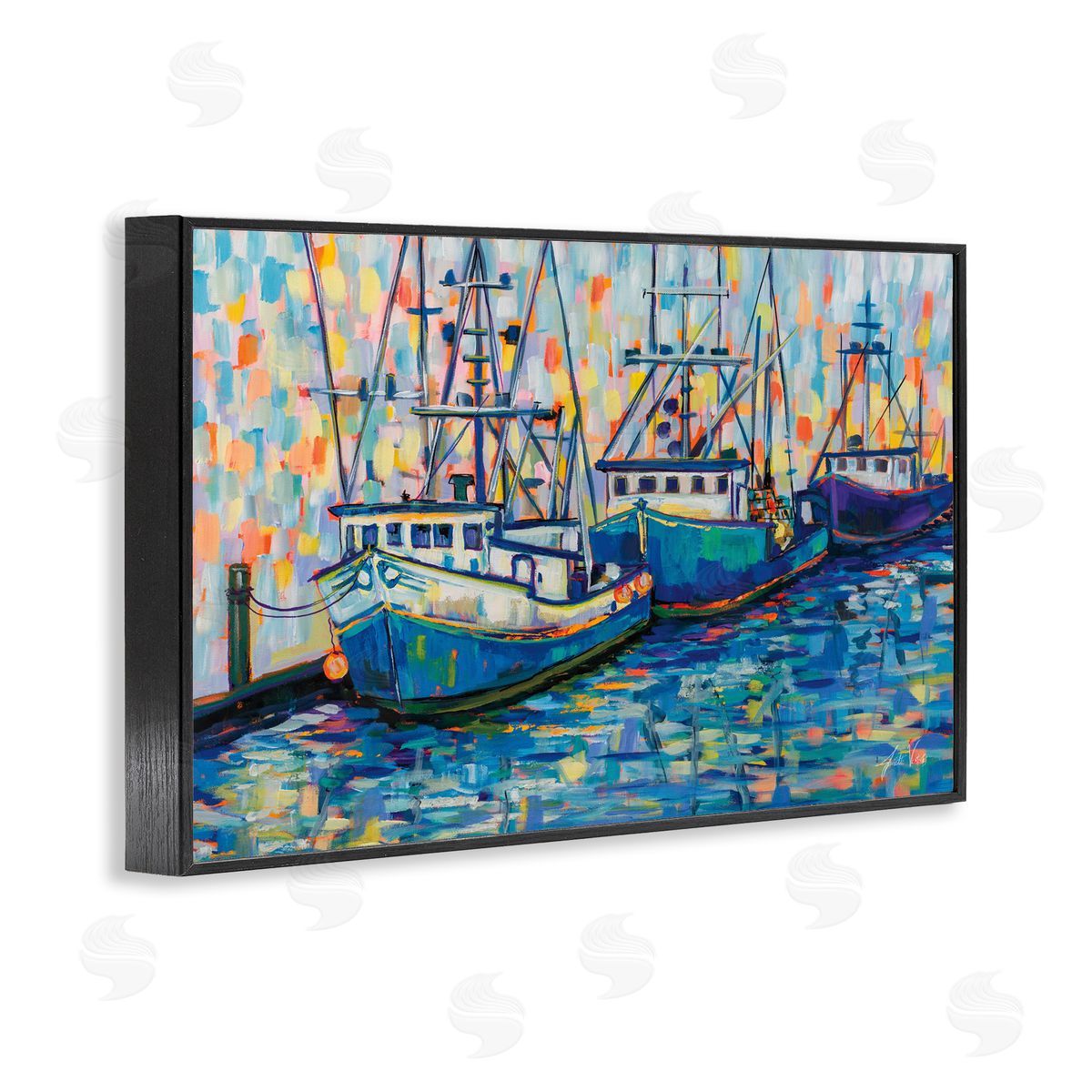 Vivid Boats in Harbor Black Frame Print Wall Art, Home Decor by Jeanette Vertentes