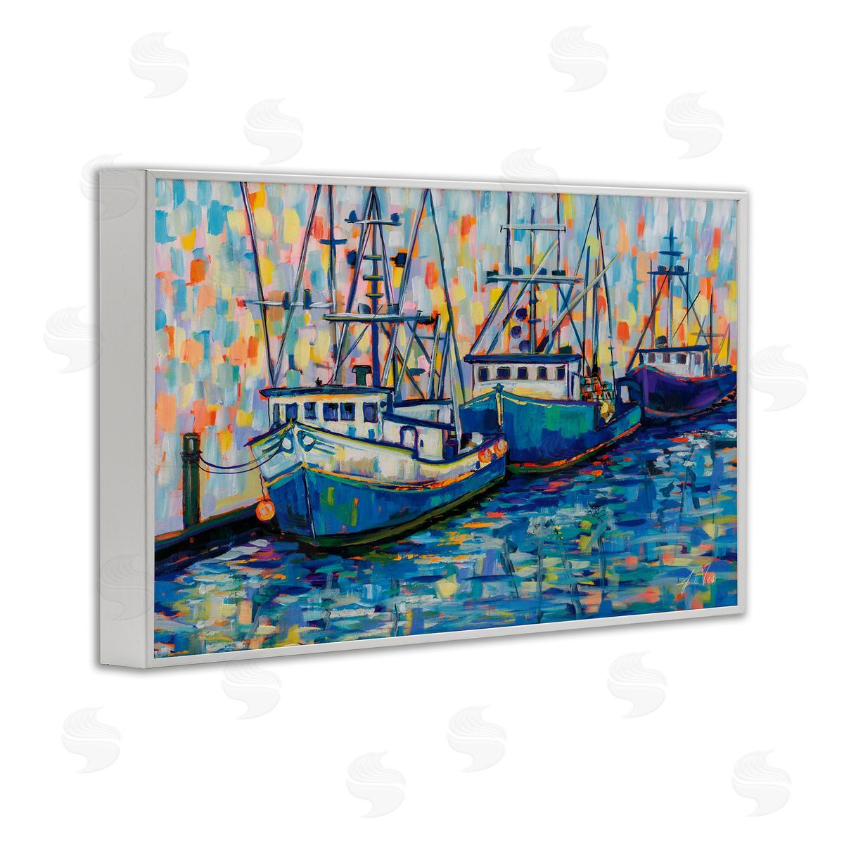 Vivid Boats in Harbor White Frame Print Wall Art, Home Decor by Jeanette Vertentes