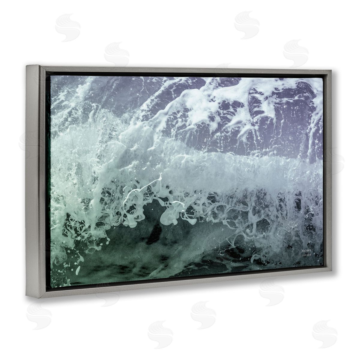 Splashing Blue Waves Grey Floating Frame Canvas Wall Art, Home Decor by Nathan Larson