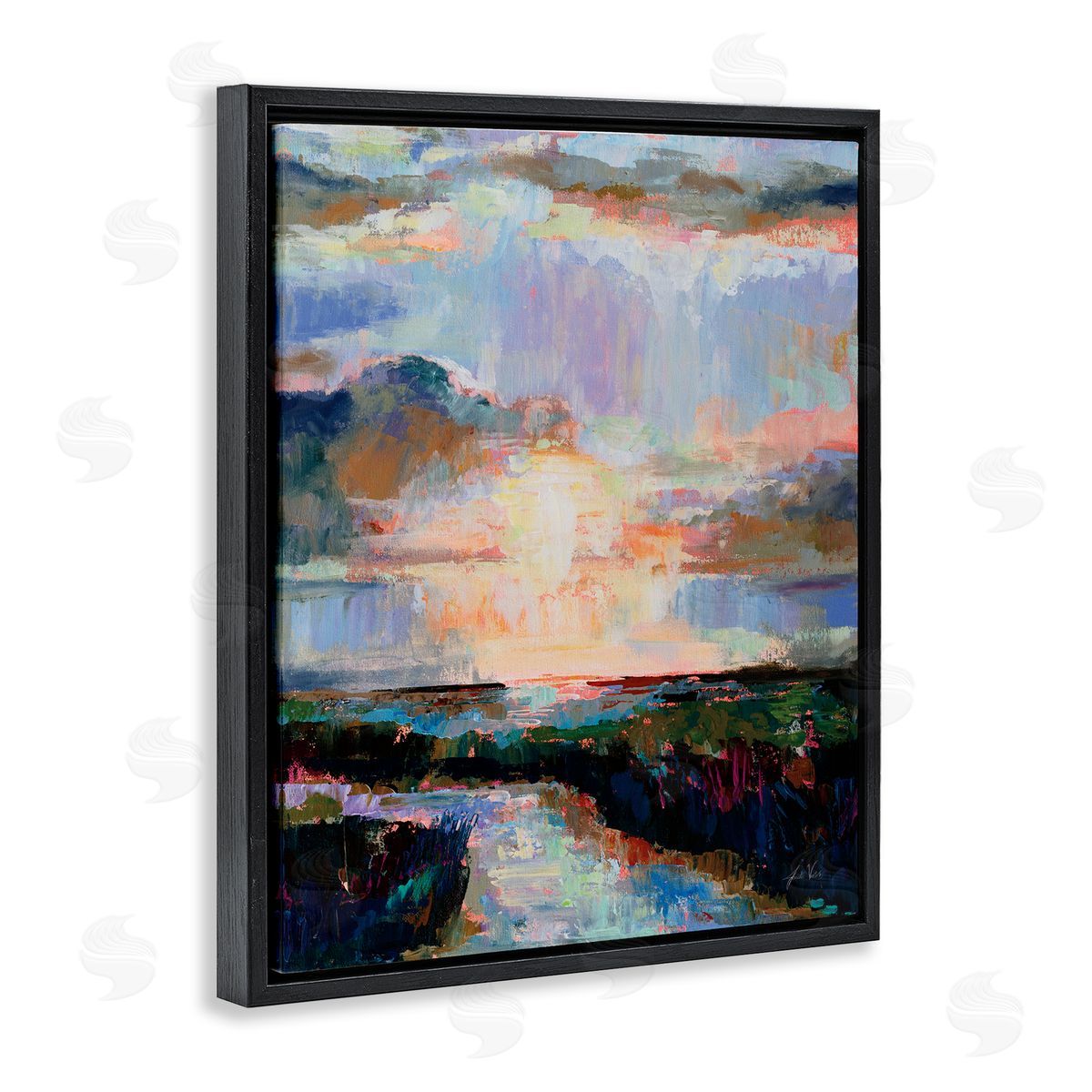Sunlit Tide Abstract Black Floating Frame Canvas Wall Art, Home Decor by Jeanette Vertentes