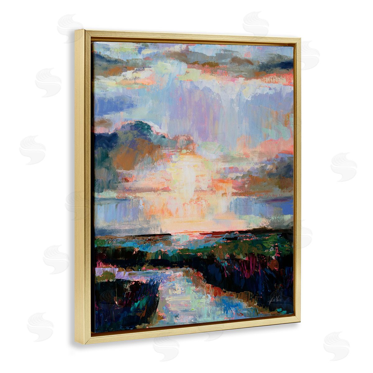 Sunlit Tide Abstract Gold Floating Frame Canvas Wall Art, Home Decor by Jeanette Vertentes