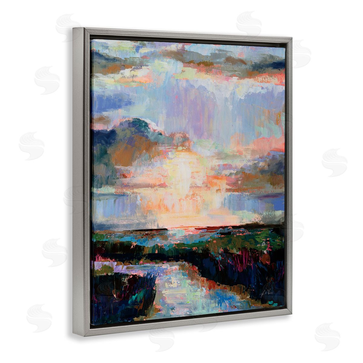 Sunlit Tide Abstract Grey Floating Frame Canvas Wall Art, Home Decor by Jeanette Vertentes
