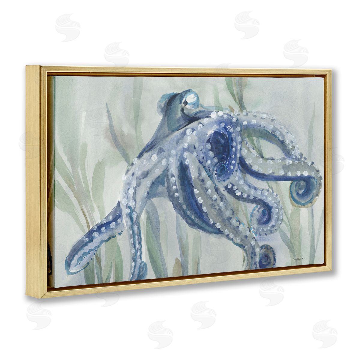 Deep Dweller Octopus Gold Floating Frame Canvas Wall Art, Home Decor by Danhui Nai
