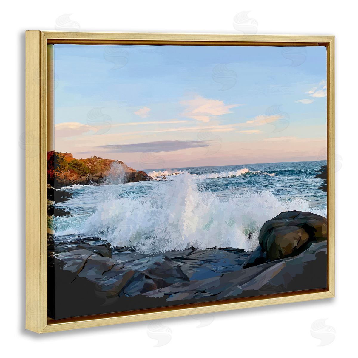 Strong Breaking Waves Gold Floating Frame Canvas Wall Art, Home Decor by Emily Kalina