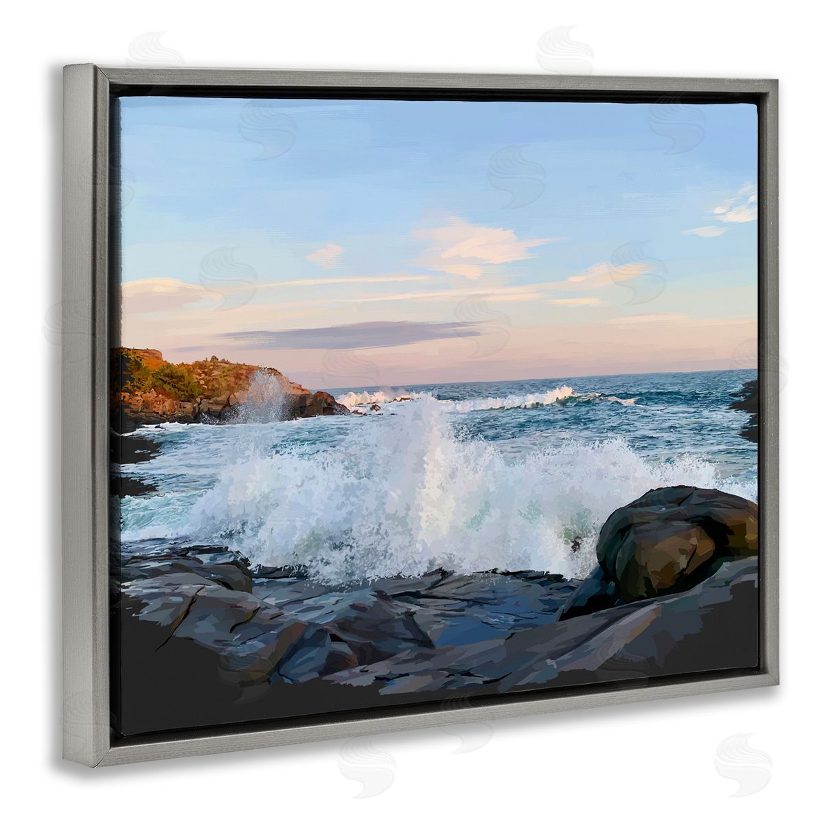 Strong Breaking Waves Grey Floating Frame Canvas Wall Art, Home Decor by Emily Kalina