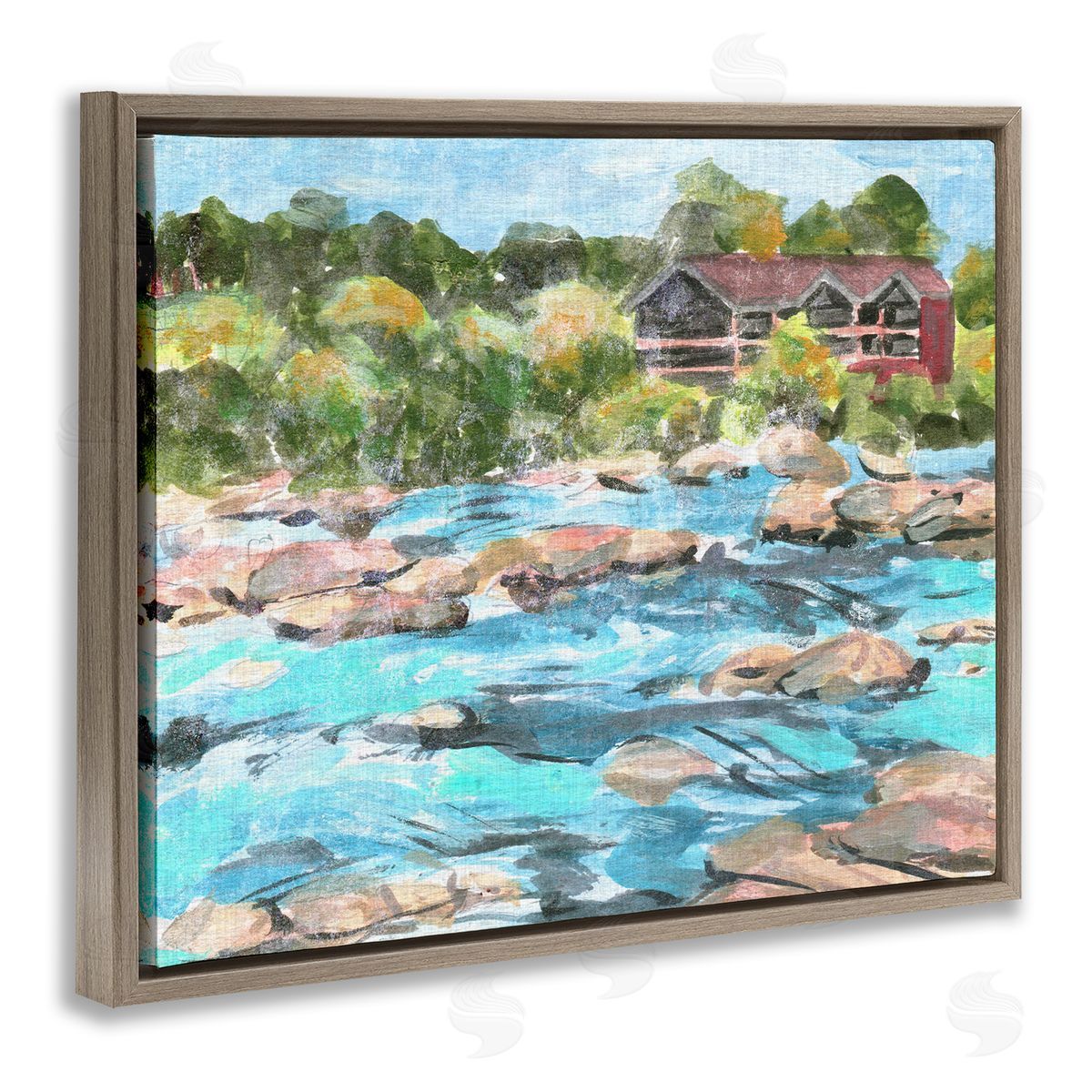 Rocky River Landscape Brown Floating Frame Canvas Wall Art, Home Decor by Melissa Wang