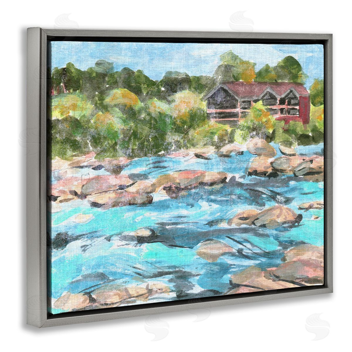 Rocky River Landscape Grey Floating Frame Canvas Wall Art, Home Decor by Melissa Wang